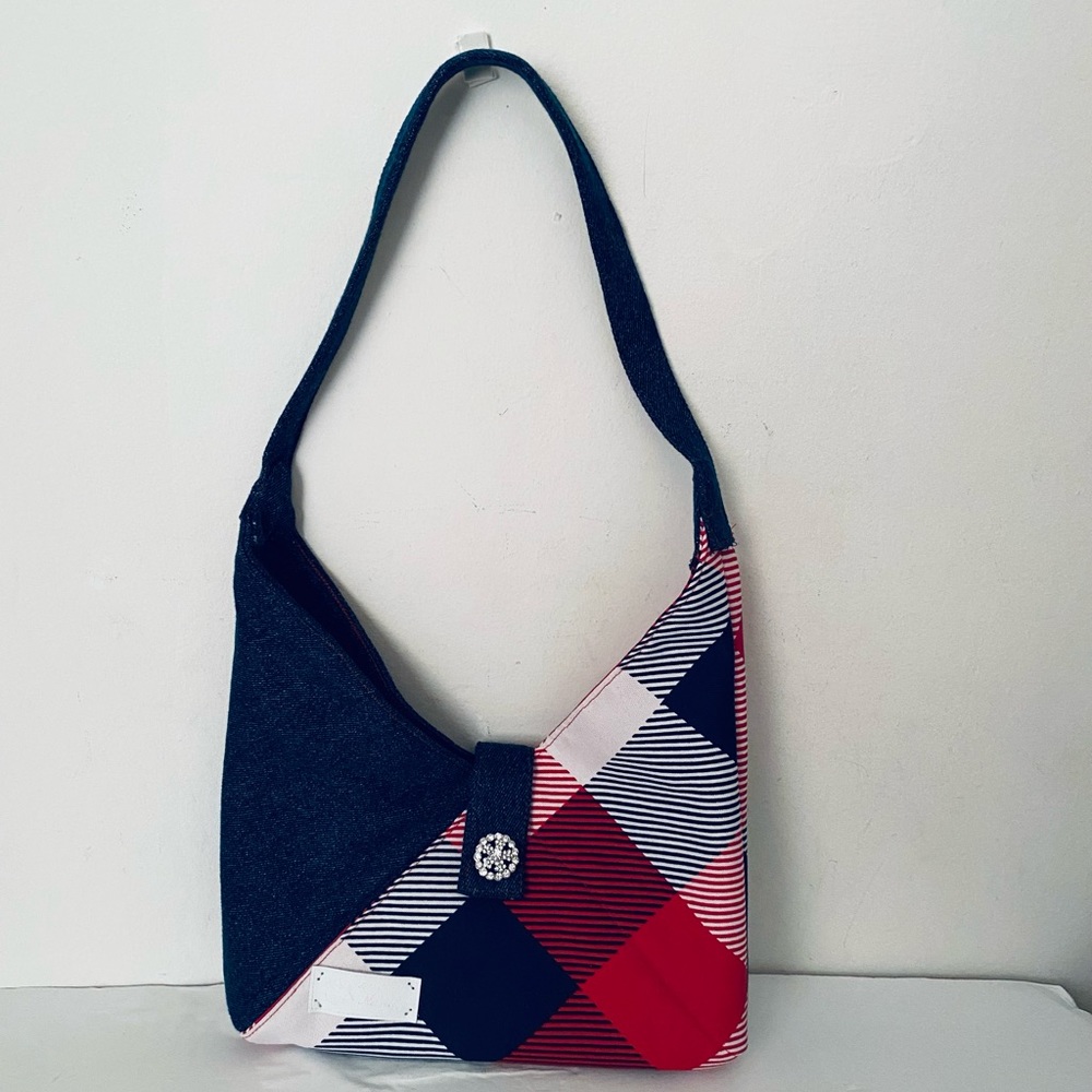 Handmade Denim And plaid Fabric Handbag 10”Wx6”Hx2D And 13”Strap Drop